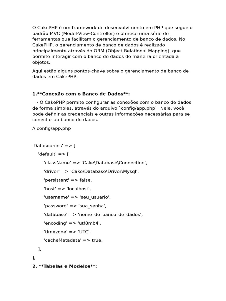 Gerenciamento de Banco de Dados no CakePHP | PDF | Bancos de dados | SQL