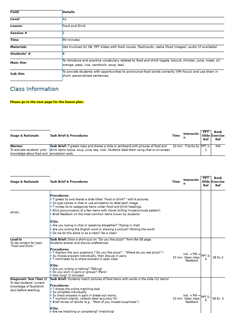 Food and Drink Vocabulary Lesson Plan | PDF | Stress (Linguistics ...