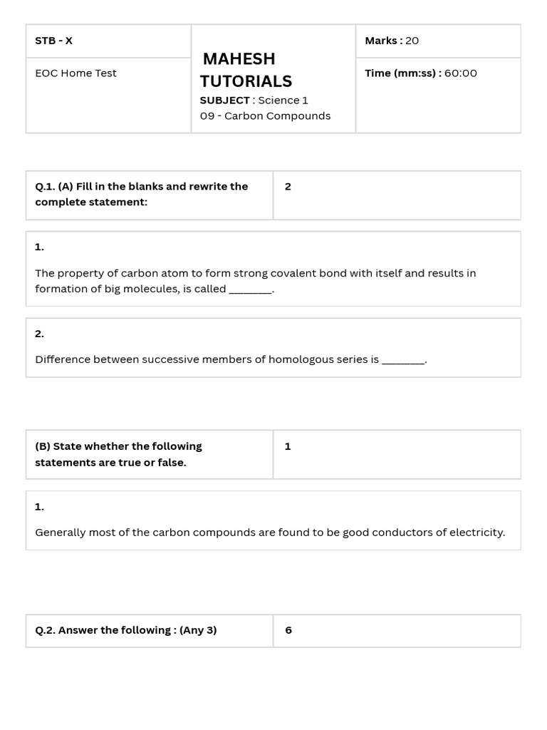 Science Test on Carbon Compounds | PDF