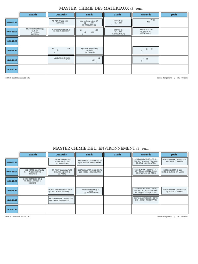 Emploi du temps Master Chimie 2025/2026 | PDF