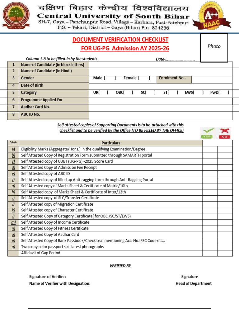 UG-PG Admission Document Checklist 2025 | PDF
