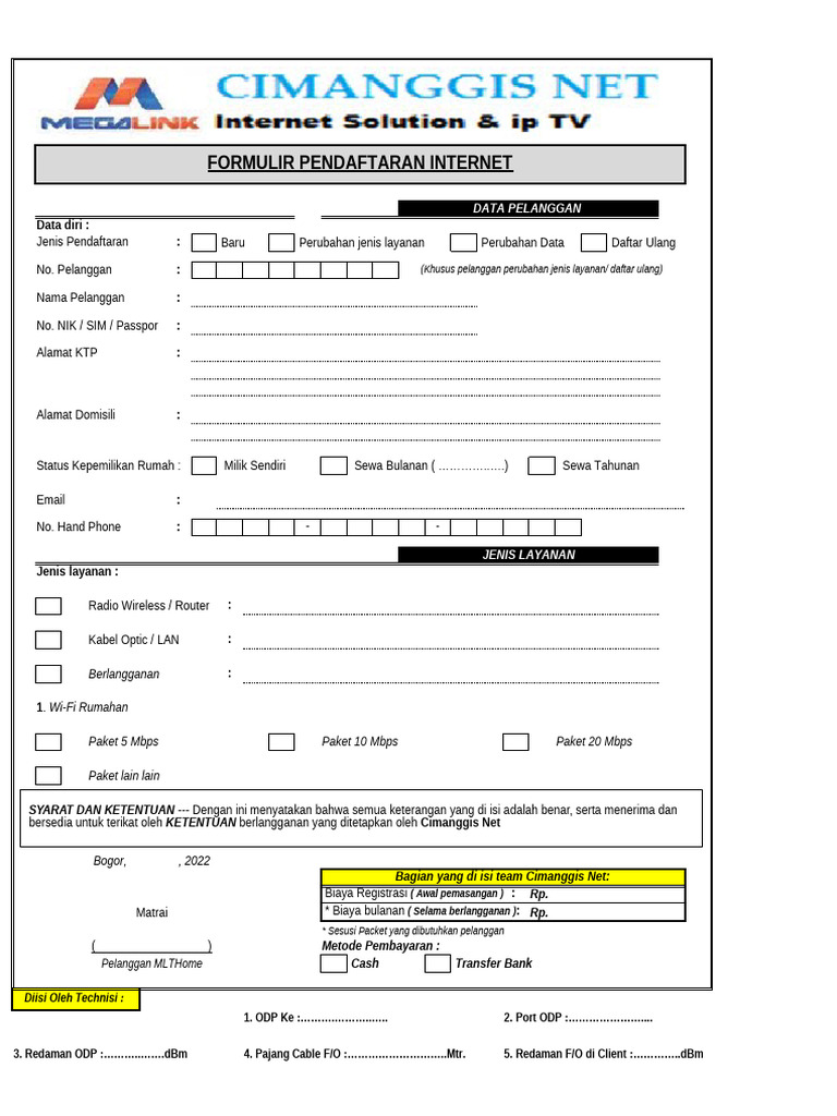 Formulir Pendaftaran Layanan Internet | PDF