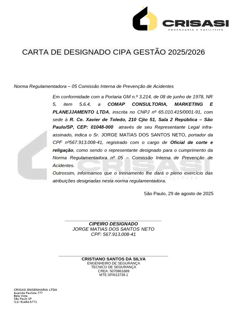 Carta Designação CIPA 2025/2026 | PDF
