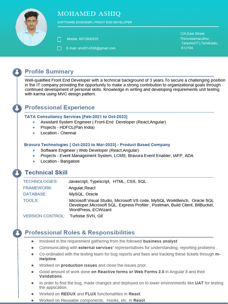 Front End Developer Resume - Mohamed Ashiq | PDF | My Sql | Computing