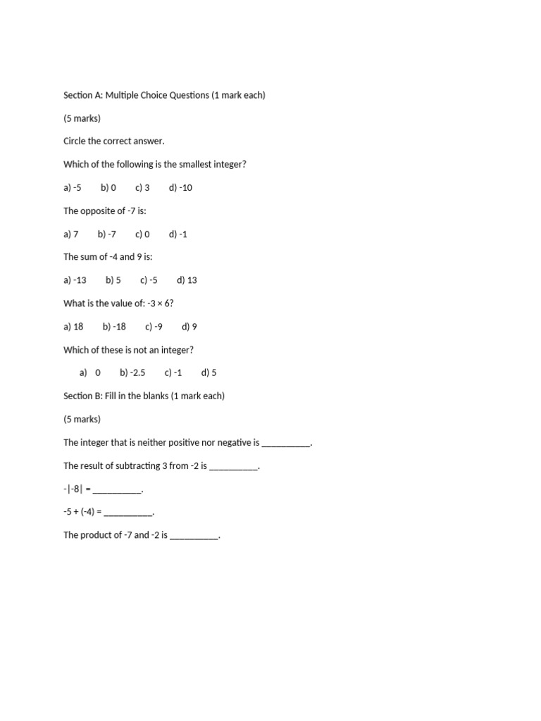 Integer Operations and Word Problems Test | PDF | Integer | Numbers