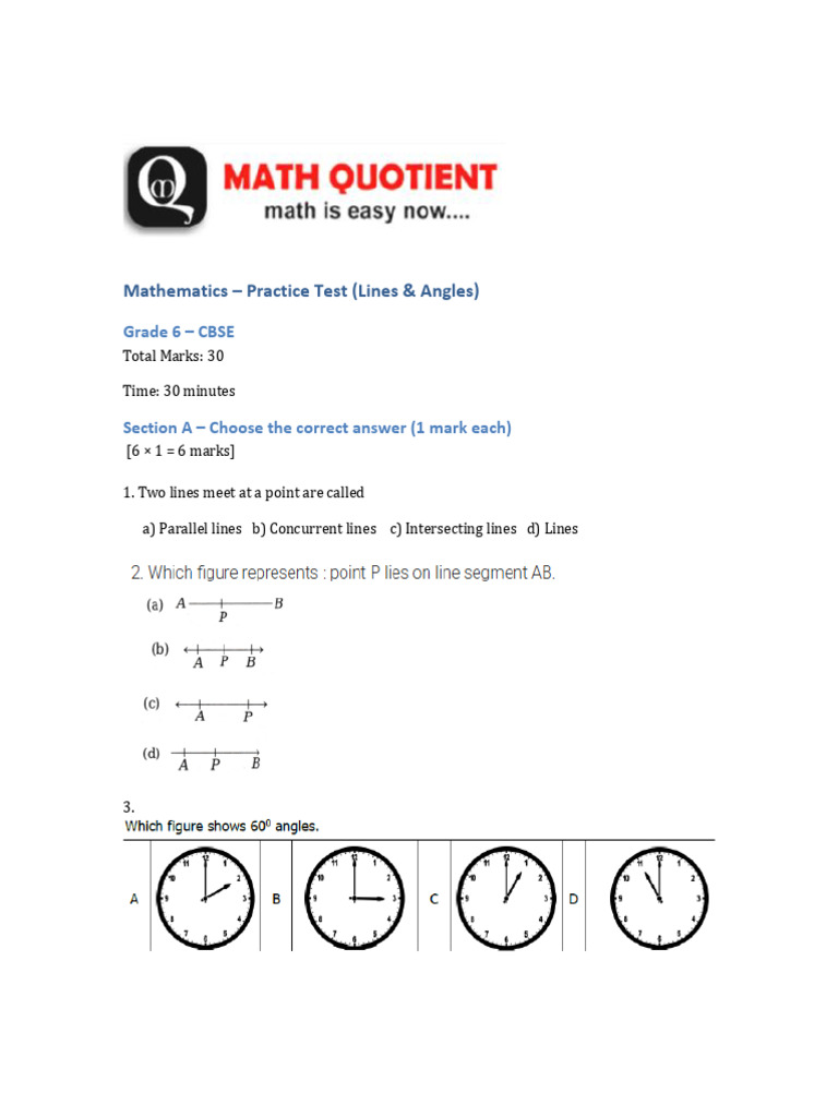 Grade 6 Math Test: Lines & Angles | PDF