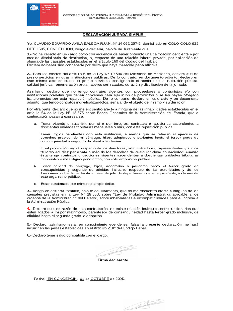 Declaración Jurada de Claudio Ávila | PDF | Parentesco | Justicia