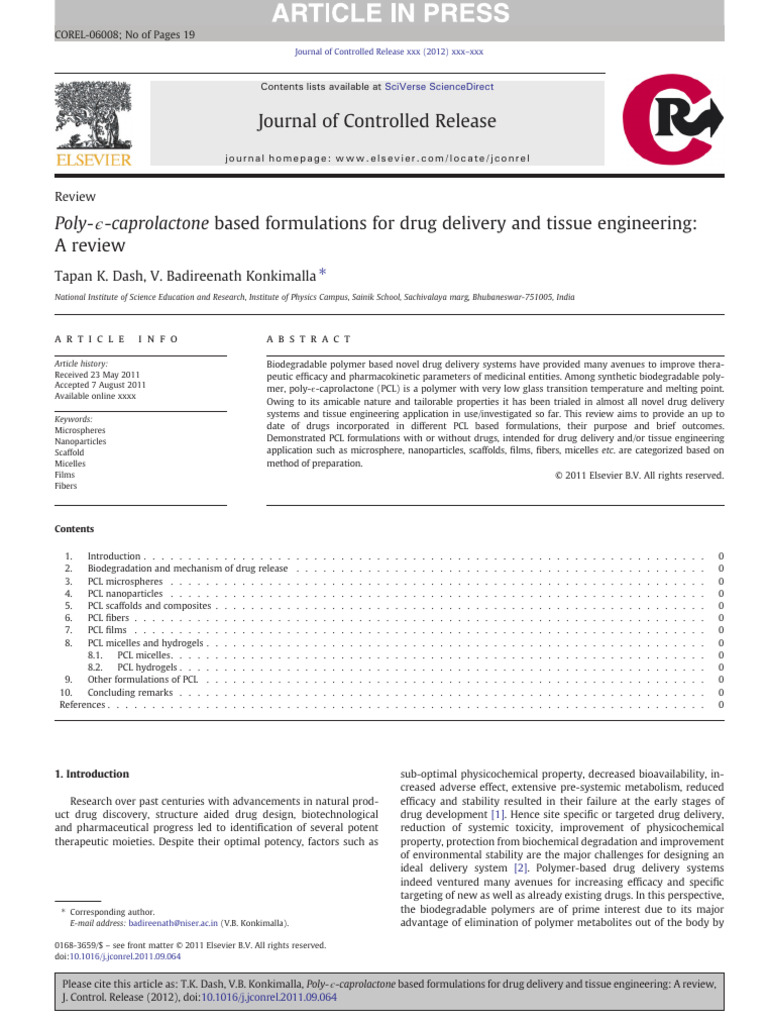Poly є Caprolactone Based Formulations for Drug Delivery and Tissue ...