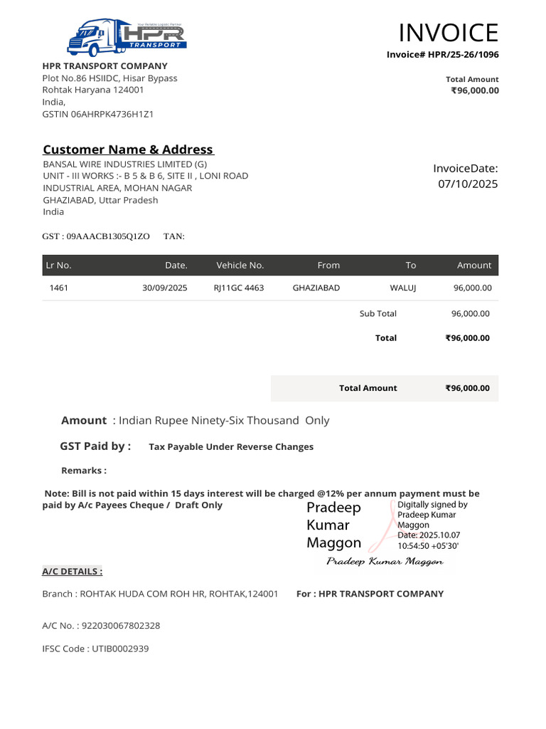 HPR Transport Company Invoice Details | PDF