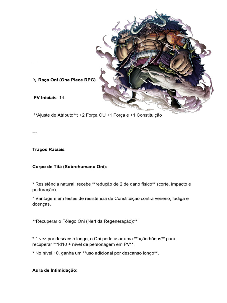 Raça Oni em One Piece RPG: Atributos e Traços | PDF