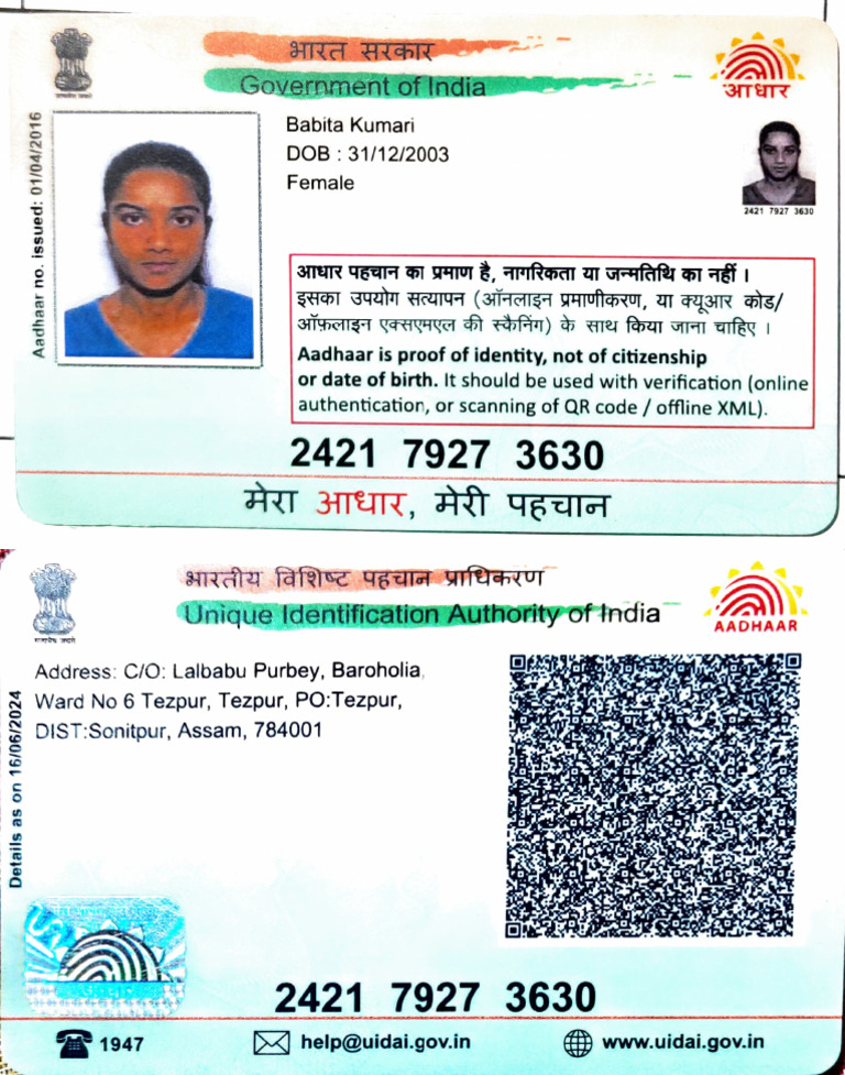 Aadhaar Card for 20-Year-Old Female | PDF