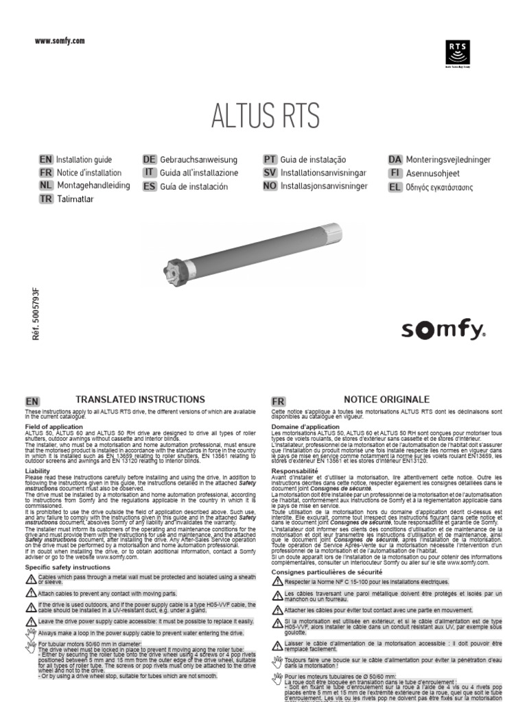 Guide d'installation motorisations ALTUS RTS | PDF