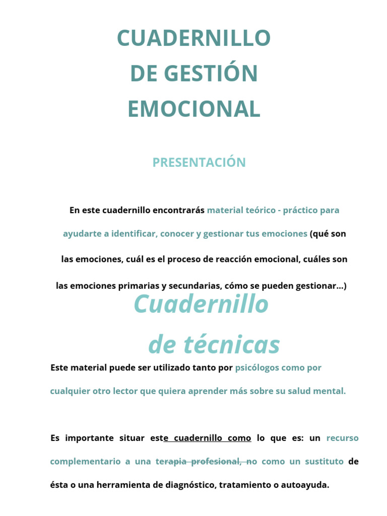 Gestión de Emociones: Cuadernillo Práctico | PDF | Las emociones | Temor
