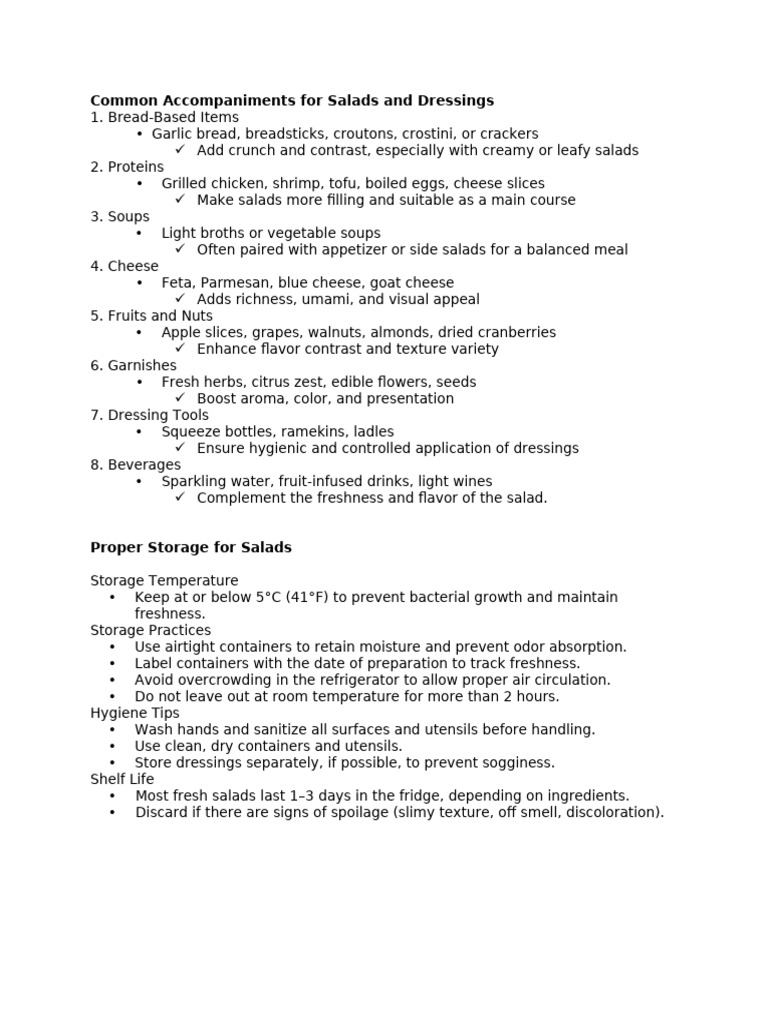Common Accompaniments For Salads and Dressings | PDF