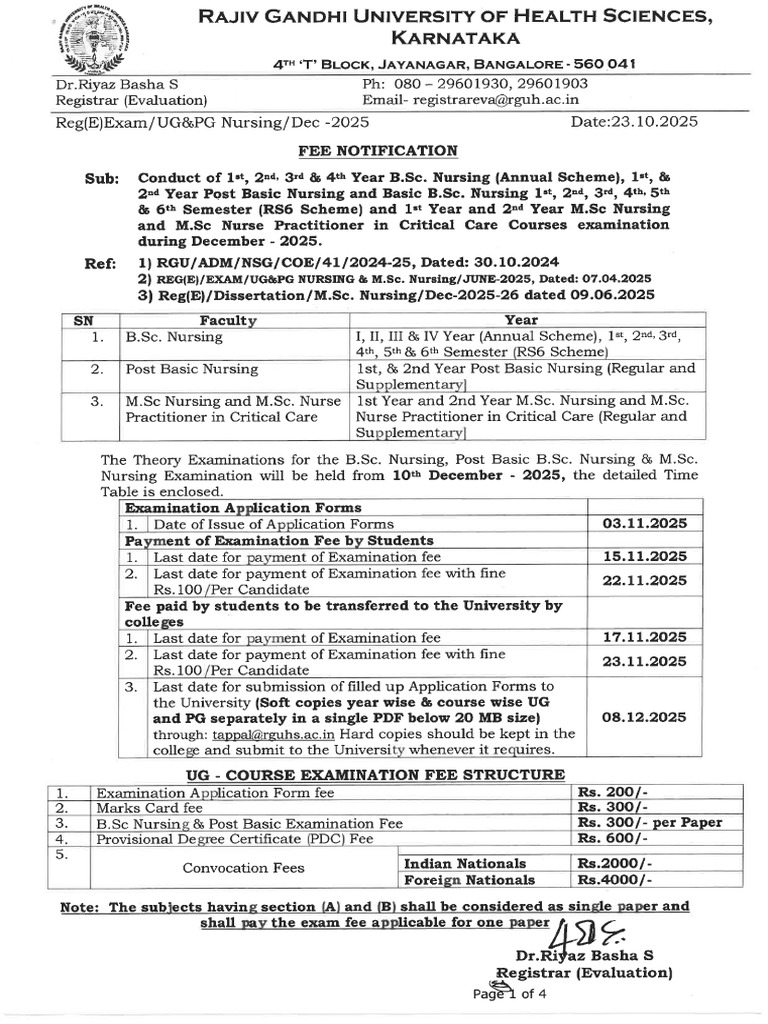Notification Timetable For Nursing Dec-Jan 2025-26 Examination | PDF