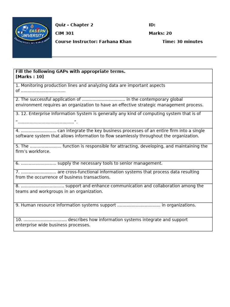 Chapter 2 Quiz: Business Information Systems | PDF