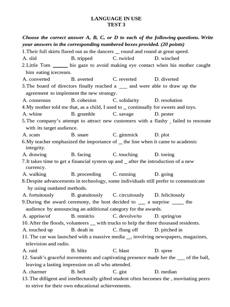 Language Use Test: Vocabulary & Grammar | PDF