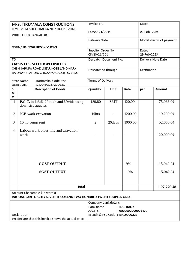 Invoice for Tirumala Constructions | PDF