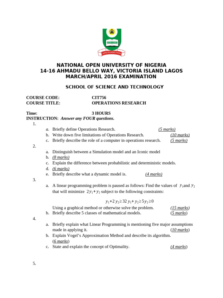 Operations Research Exam Questions 2016 | PDF | Operations Research ...