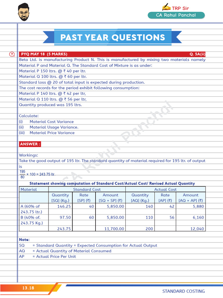 Standard Costing Done Shot PYQ | PDF | Labour Economics | Expense