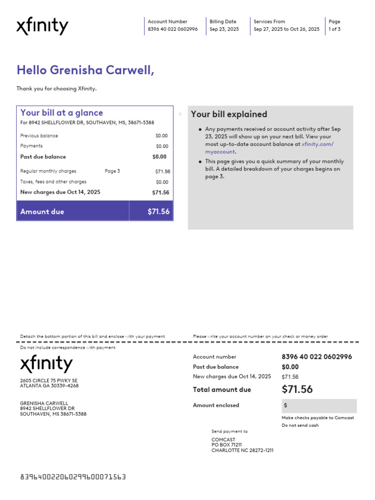 Xfinity Bill Summary for Grenisha Carwell | PDF | Service Industries ...