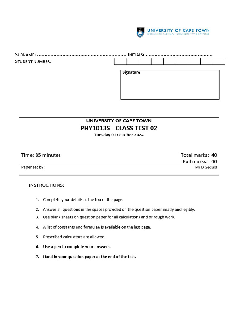 UCT PHY1013S Class Test 02 2024 | PDF | Capacitor | Force