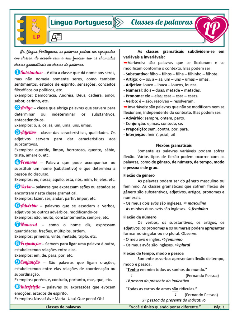 Classes Gramaticais da Língua Portuguesa | PDF | Classe gramatical ...