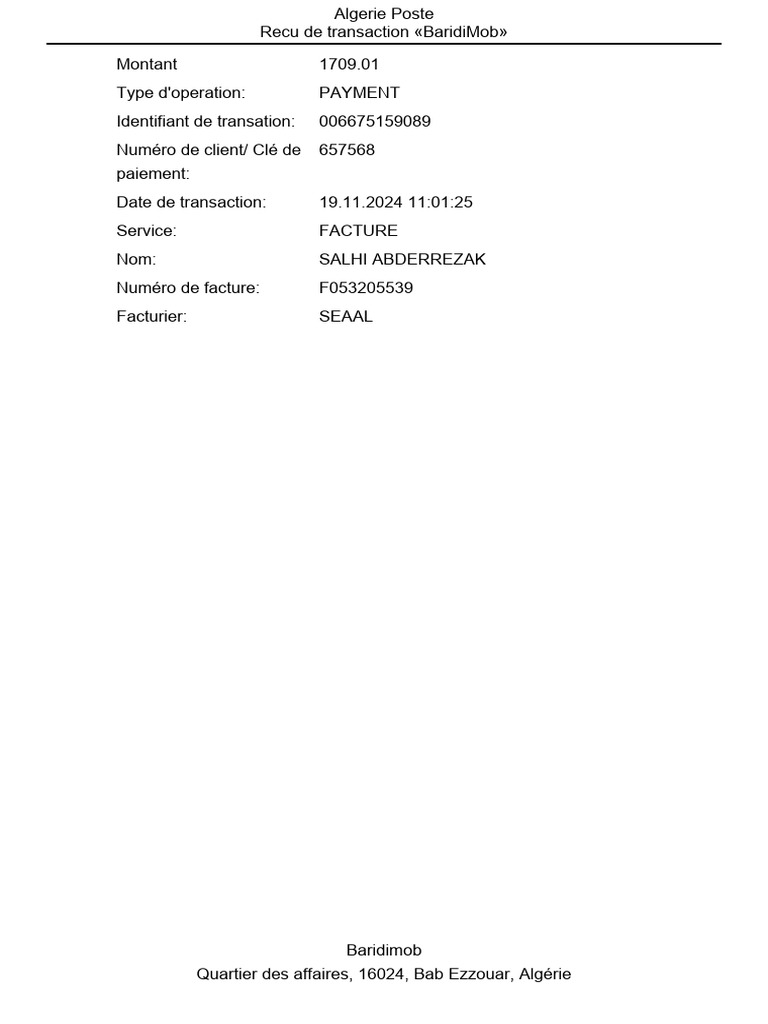 Reçu de paiement BaridiMob - SEAAL | PDF