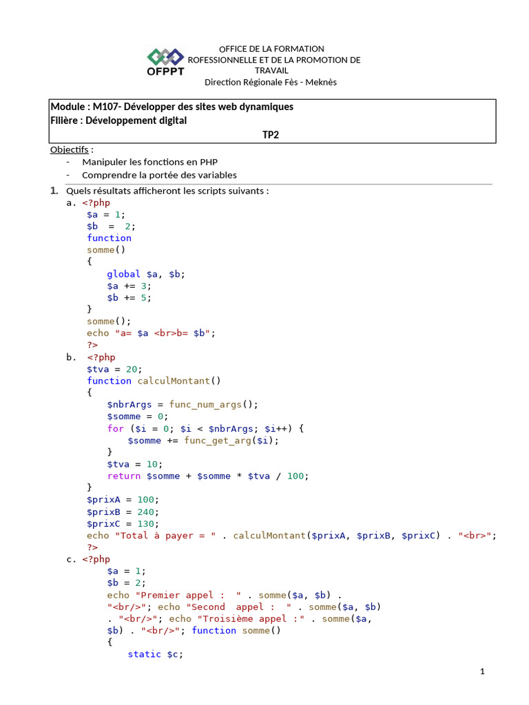 PHP : Fonctions et Manipulations Variables | PDF | Développement de ...