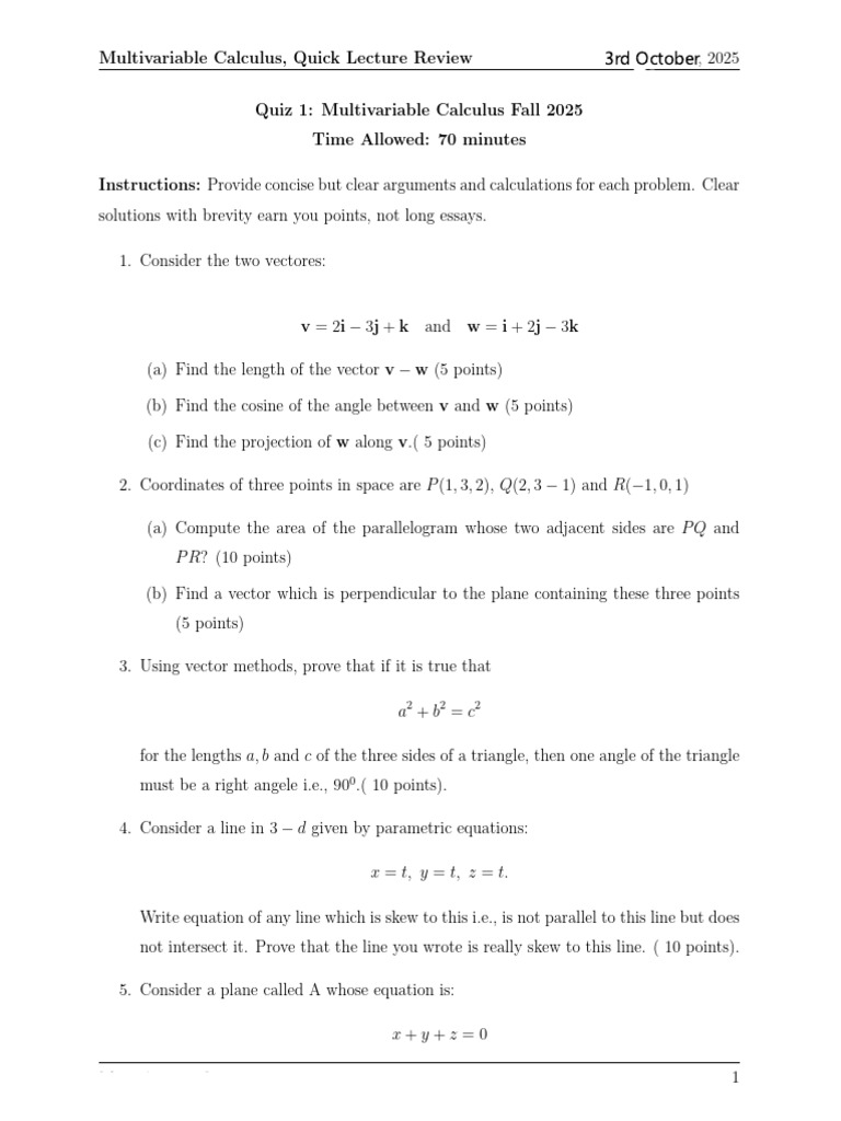 Multivariable Calculus Quiz Review | PDF | Line (Geometry ...