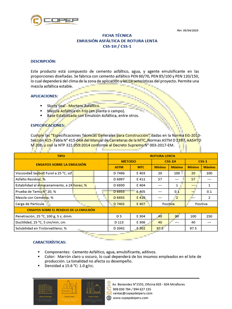Emulsión Asfáltica CSS-1H: Ficha Técnica | PDF | Emulsión | Cemento