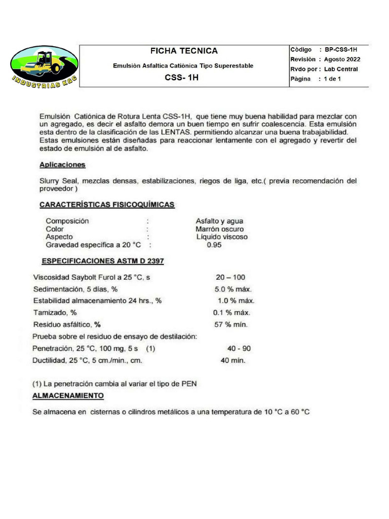 Ficha Tecnica de Emulsion Asfaltica Css-1h-1 | PDF