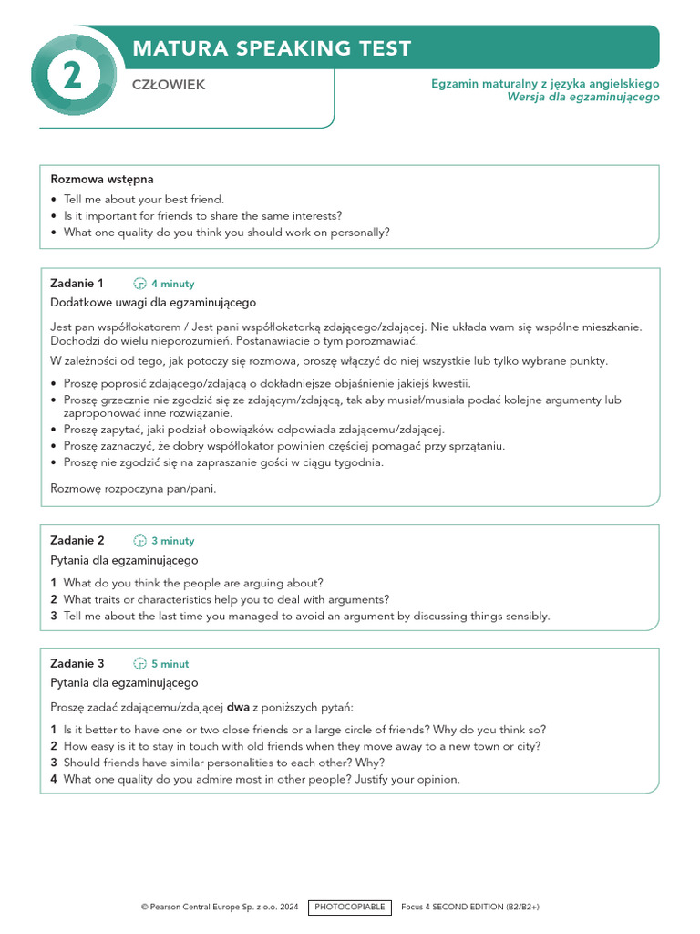 Focus4 2E Matura Speaking Unit 2 For Teacher | PDF