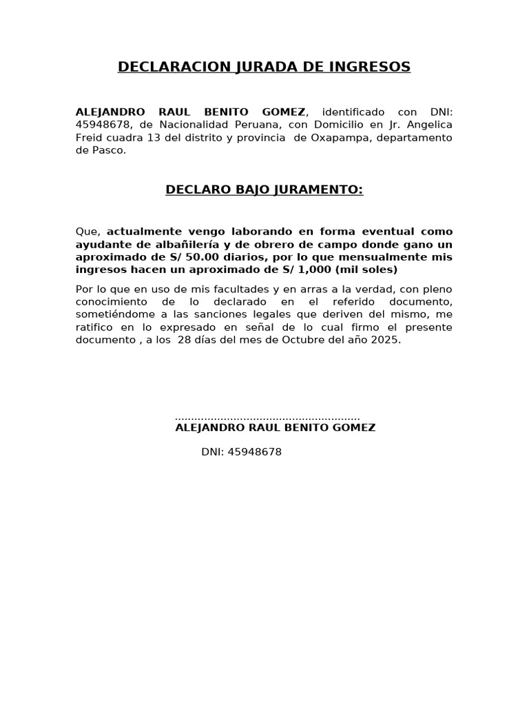 Declaración Jurada de Ingresos 2025 | PDF
