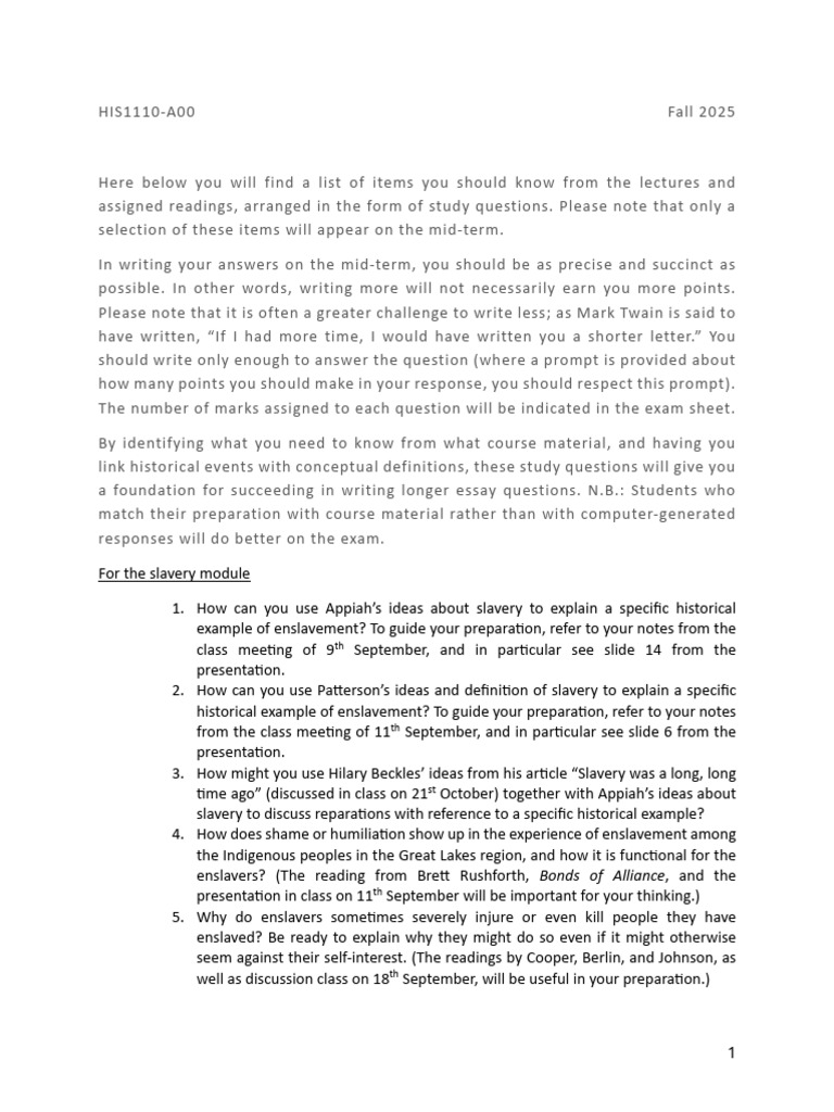 Study Guide for HIS1110 Mid-Term Exam | PDF | Colonialism | Slavery