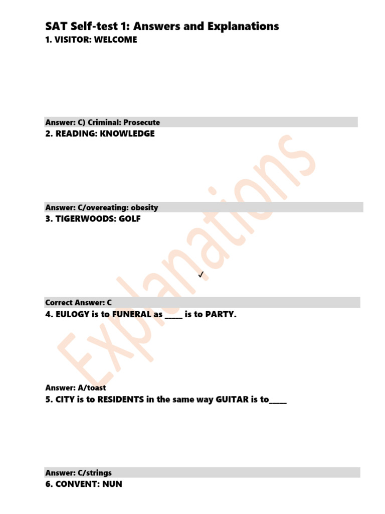 SAT Self-Test Answers & Explanations | PDF | Knowledge | Reason