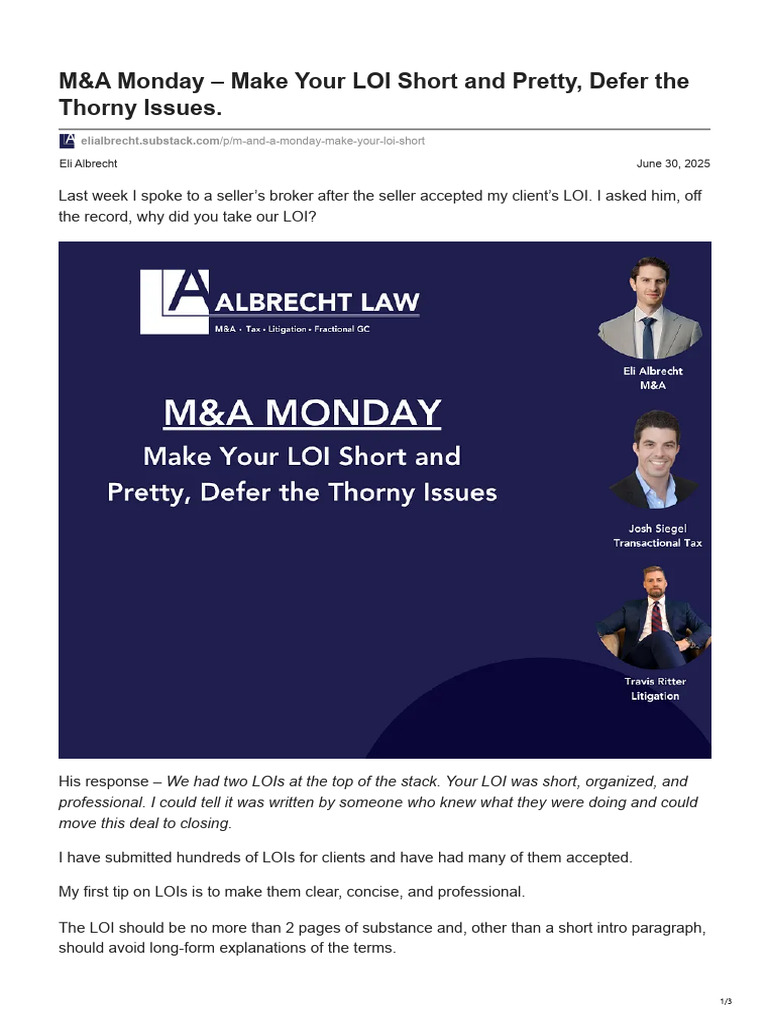 MA Monday Make Your LOI Short and Pretty Defer The Thorny Issues | PDF ...