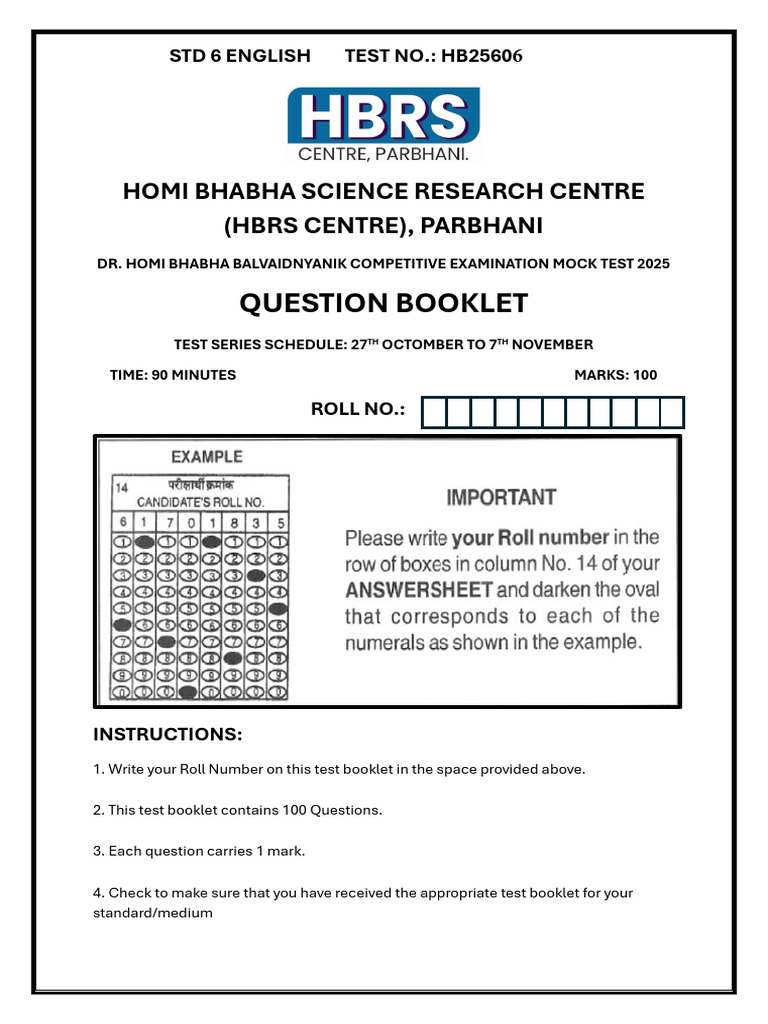 STD 6 English Mock Test 2025 | PDF