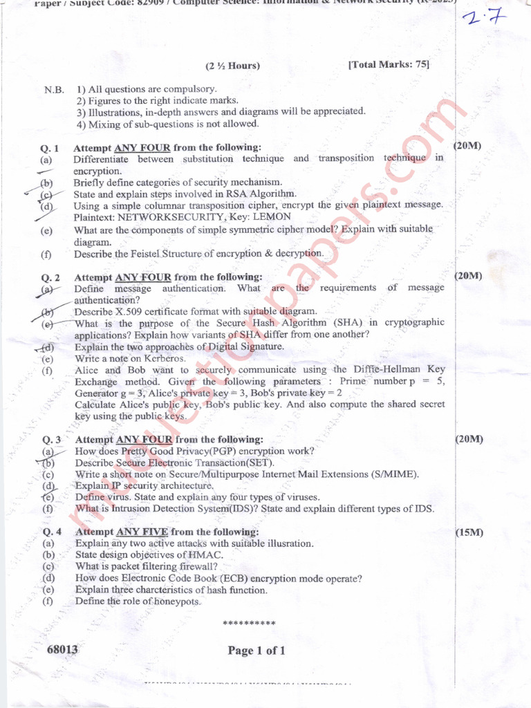 Cryptography and Security Exam Questions | PDF | Encryption | Public ...