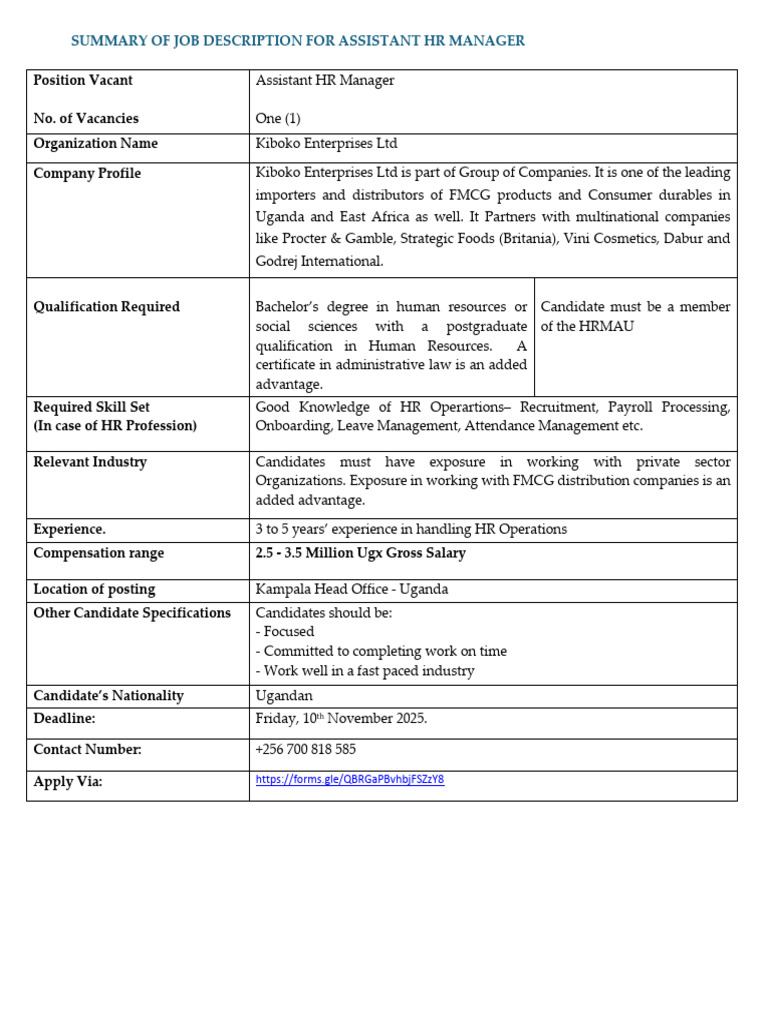 JD - Form Asst. HR Manager | PDF