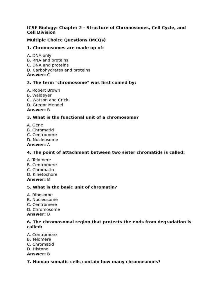 Chromosomes and Cell Division MCQs | PDF | Meiosis | Mitosis