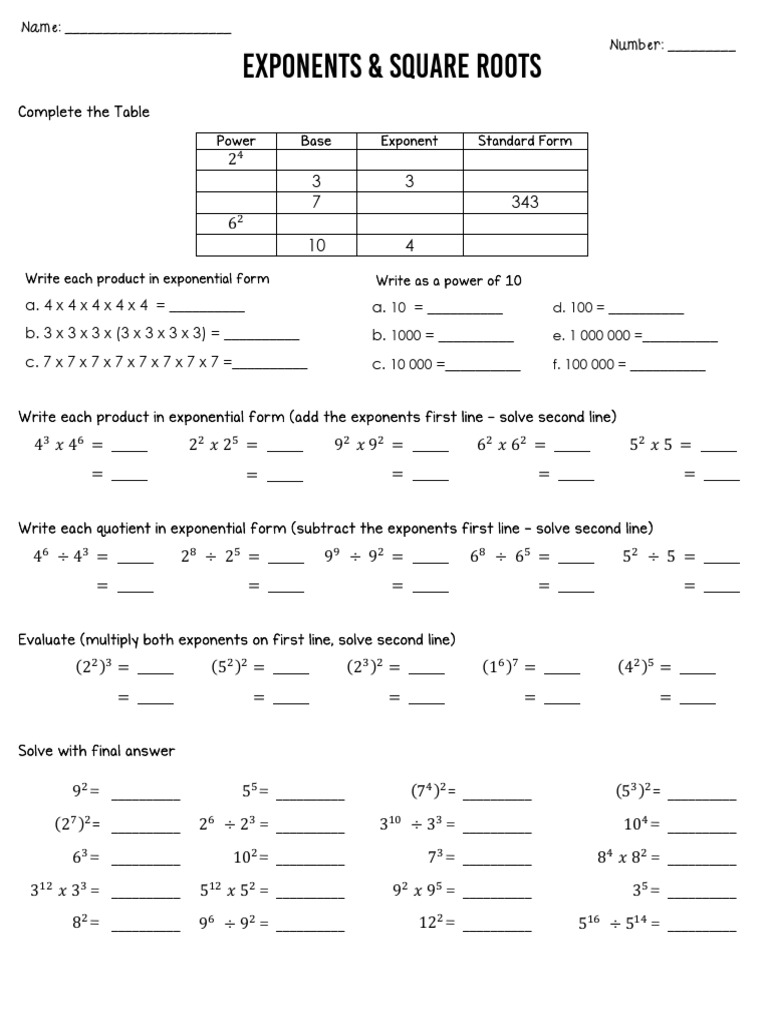Exponents and Square Roots Worksheet | PDF | Exponentiation | Area