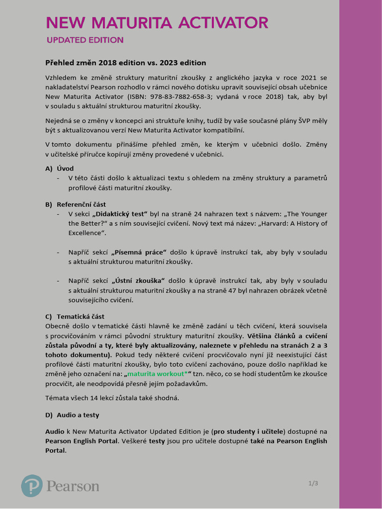 New Maturita Activator Updated Edition - Přehled Změn | PDF