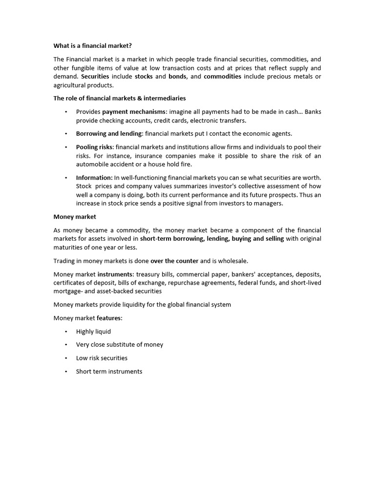 Summary of Financial Market | PDF | Money Market | Financial Markets