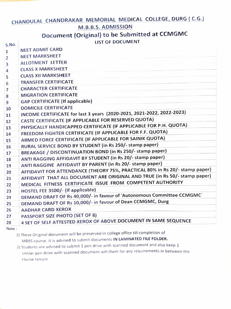 List of Documents To Be Submitted For Admission | PDF