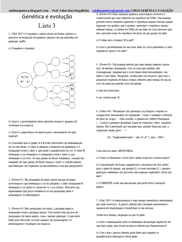Questões Extras de Genetica e Evolução 3 | PDF | Dominância (genética ...