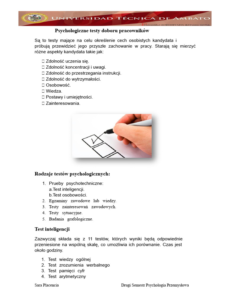 Psychologiczne Testy Selekcji Pracowników | PDF