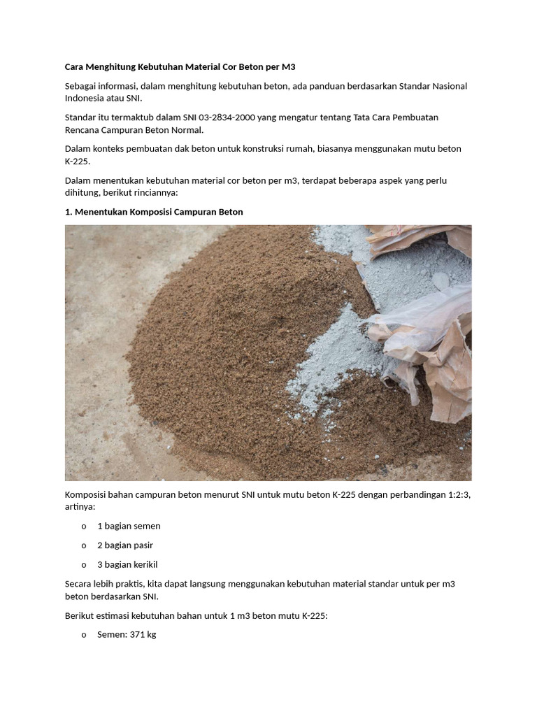 Kebutuhan Material Cor Beton K-225 | PDF