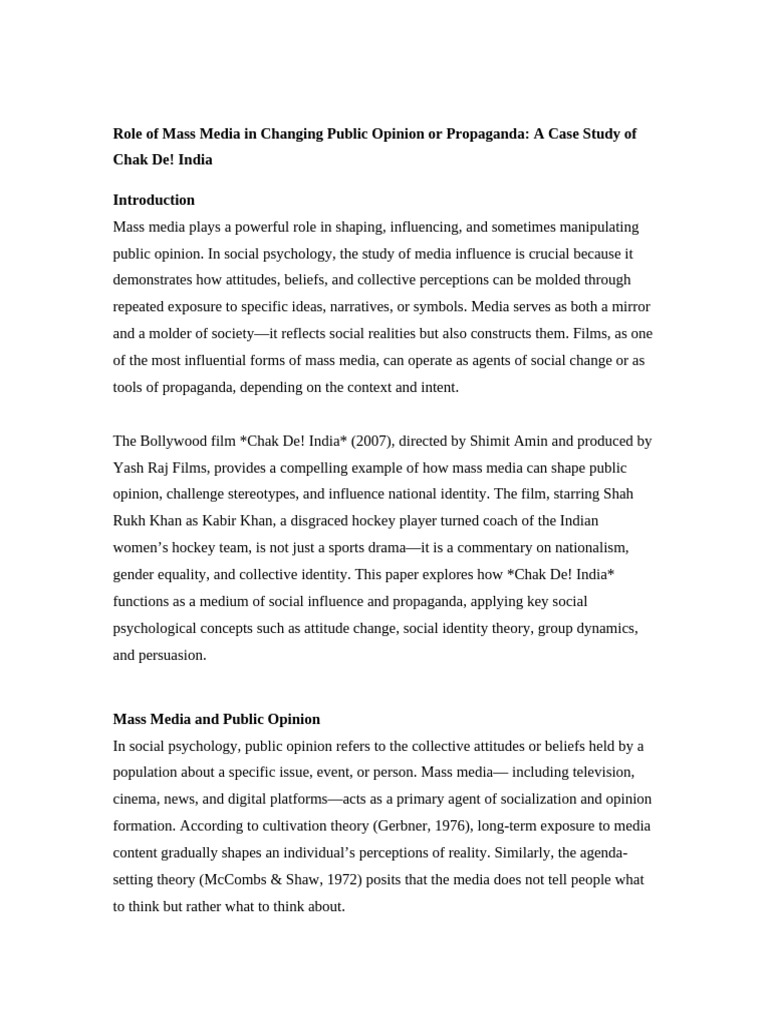 Role of Mass Media On Public Opinion Chak de India-1 | PDF | Propaganda ...