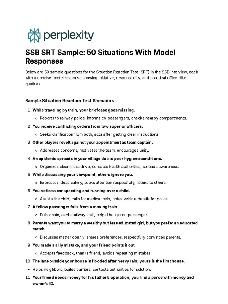 SSB SRT: 50 Sample Questions & Answers | PDF